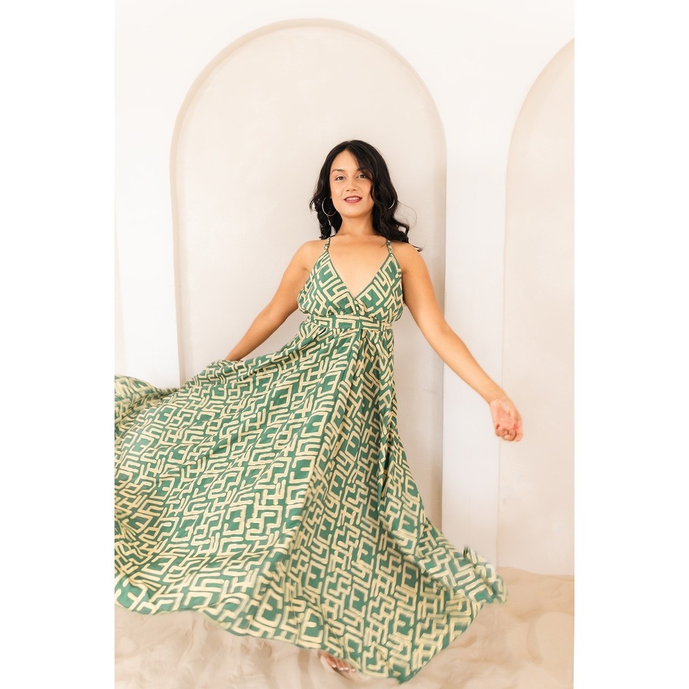 The Vacation Dress Green Gold Geometric Print Sleeveless Party Maxi Dress Medium - Picture 2 of 5